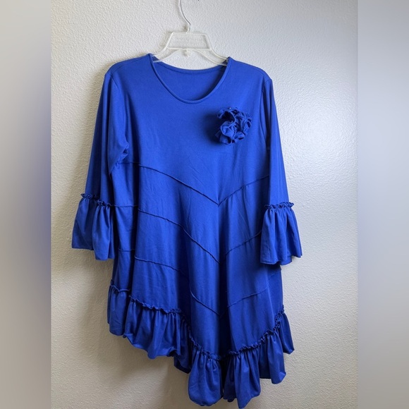 Womens Ruffle Shirt Size XL Blue Ruffled Tunic Top Flower Asymmetrical Blouse - Picture 1 of 4